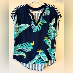 SANDWICH Viscose Navy Tropical Leaf V-Neck Women's Top